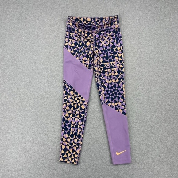 Nike Youth Girls Dri Fit Leggings Pants Size L Purple Triangle Active Running - Picture 1 of 9